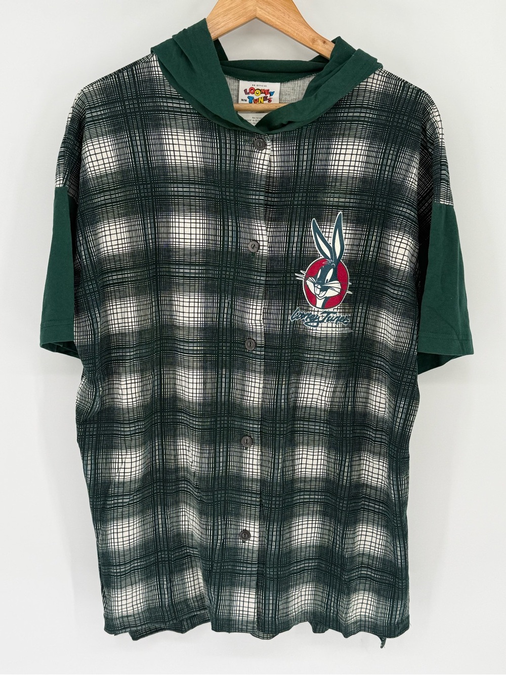 Vintage 1993 Looney Tunes Hooded Plaid T-Shirt Bugs Bunny 90’s Grunge Kidcore